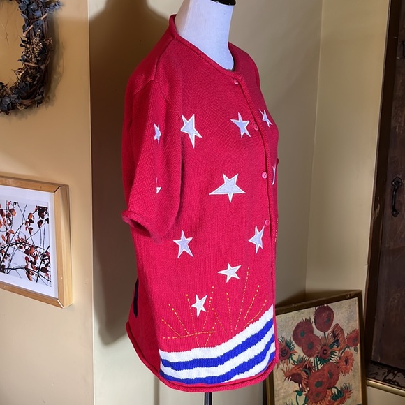 Vintage QUACKER FACTORY Size Large 4th Of July America USA Cardigan Cotton Ramie - Picture 3 of 13